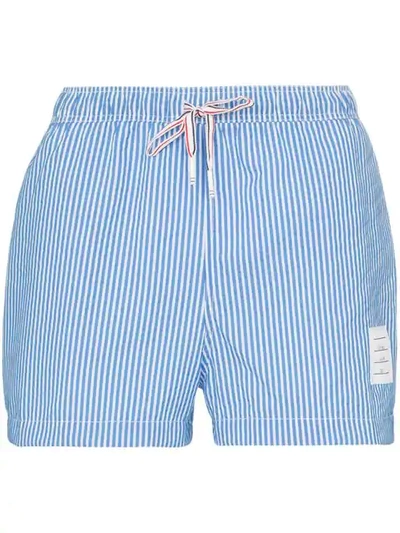 Thom Browne Striped Seersucker Swim Shorts In Blue