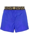 Versace Grecca Waistband Swim Shorts In Blue