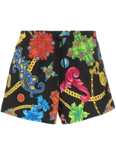 Versace Jewel Print Drawstring Swim Shorts In Black