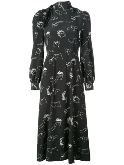 Co Hat Print Button Shoulder Silk Dress In Black