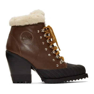 Chloé Rylee Shearling-trimmed Leather And Rubber Ankle Boots In Brown