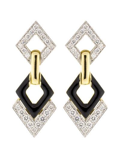 David Webb Women's Motif 18k Yellow Gold, Platinum, Black Enamel & Double Diamond Interlocking Earrings In Ylwgold