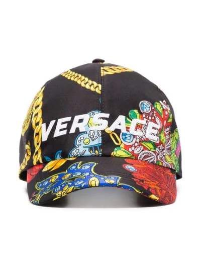 Versace Multicoloured Logo Embroidered Jewellery Print Silk Baseball Cap In Black