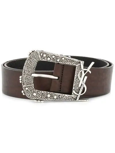 Saint Laurent Decorative Buckle Logo Belt In Brown