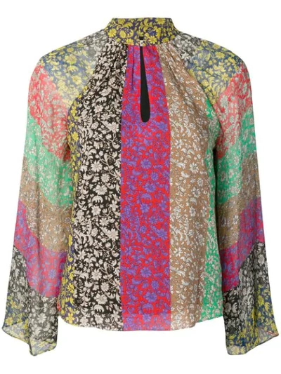 Alice And Olivia Prija Keyhole Printed Flare-sleeve Blouse In Jasmine Stripe Multi