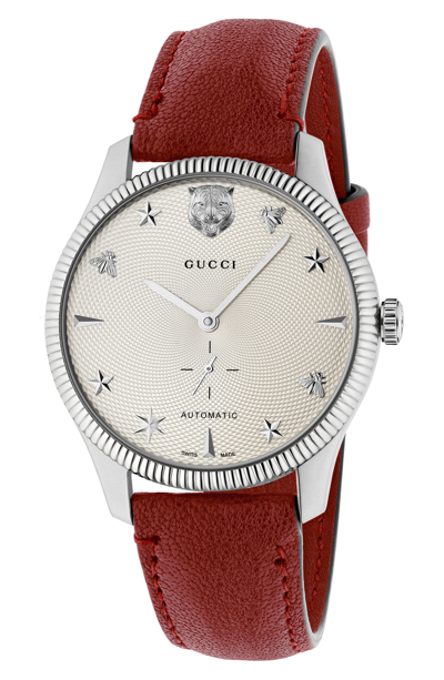Gucci G-timeless Stainless Steel Case 40mm Automatic Silver Guilloché Dial Red Leather Watch