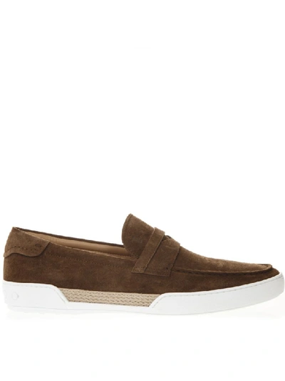 Tod's Espadrille-trimmed Suede Penny Loafers In Brown