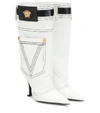 VERSACE LEATHER-TRIMMED DENIM BOOTS,P00357272