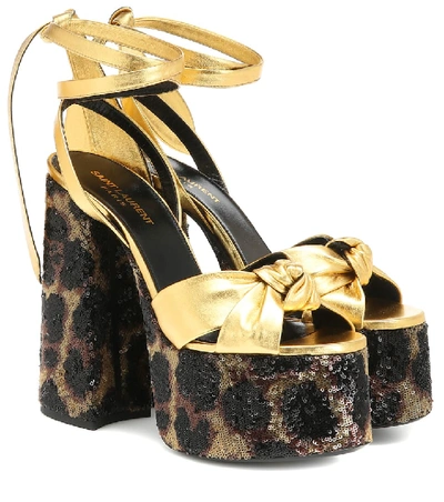 Saint Laurent Paige Knotted Leopard Platform Sandals In Gold
