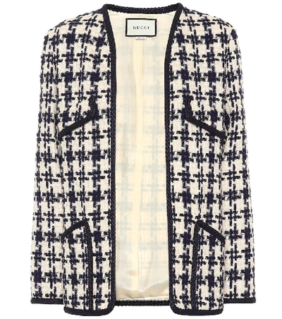 Gucci Houndstooth Tweed Wool-blend Jacket In Ink/ Natural White