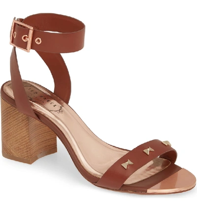 Ted Baker Tan Leather Block Heeled Sandals With Bow Studding