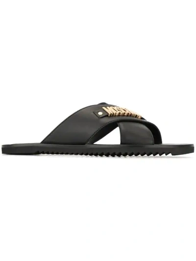 Moschino Crossed Sandals With Lettering Logo In Black