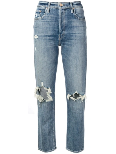 Mother Cropped Distressed Jeans In Blue