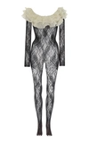 ALESSANDRA RICH RUFFLED SILK-TRIMMED STRETCH-LEAVERS LACE BODYSUIT,740386