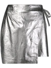 LANEUS LANEUS METALLIC-EFFECT WRAP-FRONT SKIRT - 银色