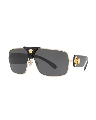 Versace Medusa Leather-wrap Square Sunglasses In Gold Tone,grey