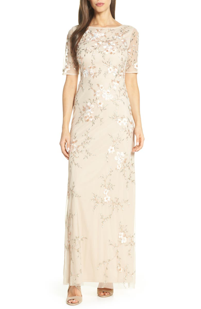 Adrianna Papell Embroidered Mesh Evening Dress In Nude