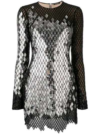 Balmain Long-sleeve Mirrored-sequin Mesh Mini Dress In Black