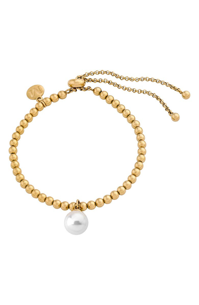 Majorica Gold-tone Imitation Pearl Charm Beaded Slider Bracelet In White/ Gold