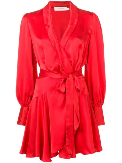 Zimmermann Long-sleeve Short Wrap Dress In Scarlet
