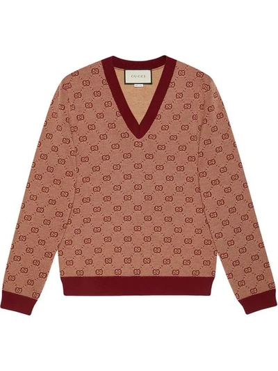 Gucci Gg Jacquard Knit V-neck Sweater In 9192 Bordeaux