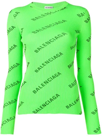 Balenciaga Allover Logo Ribbed-knit Jumper In Green