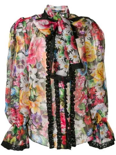 Dolce & Gabbana Floral-print Silk Shirt With Ruches In Hnaa6 Nero Multicolor