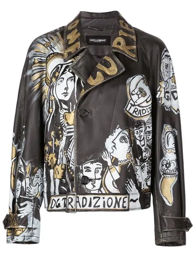 Dolce & Gabbana Graffiti Leather Jacket In Black