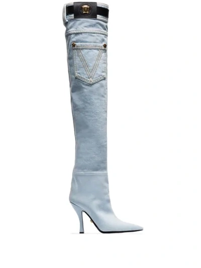 Versace Denim Thigh-high Boots - 蓝色 In Blue