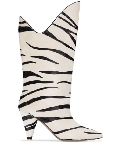 Attico White Betta 85 Zebra Print Pony Hair Leather Mid-calf Boots - 黑色 In Black