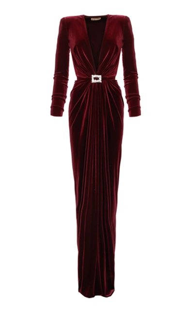 Alexandre Vauthier Velvet Jersey Long-sleeve Deep V-neck Column Gown In Red