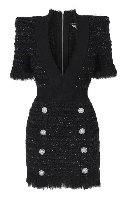 Balmain Frayed Tweed Mini Dress In Black