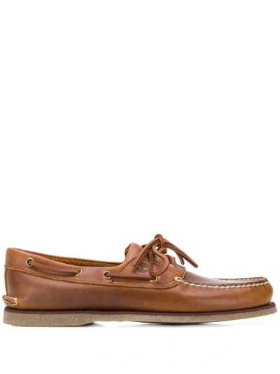 Timberland Brown Leather Lace-up Boat Shoes Featuring A Round Toe, A Branded Insole, A Flat Heel And Contrast S