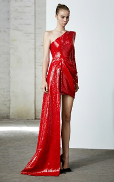 Alex Perry Preston Sequined One-shoulder Asymmetrical Dress In Red