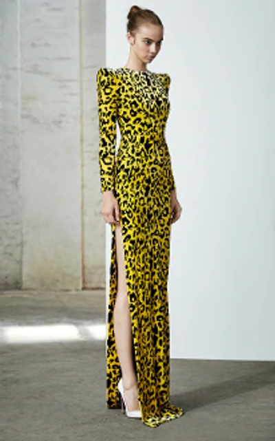 Alex Perry Cole-long Sleeve Velvet Leopard Column Gown In Yellow-black