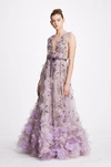 MARCHESA PLUNGING V-NECK FLORAL TULLE GOWN,MC19FG7810-SI