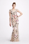 MARCHESA OYSTER TULLE V-NECK GOWN,MC19FG7819-6