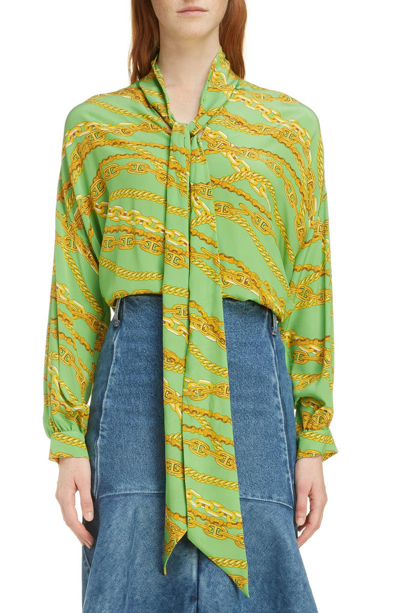 Balenciaga Chain Print Tie Neck Silk Shirt In Green