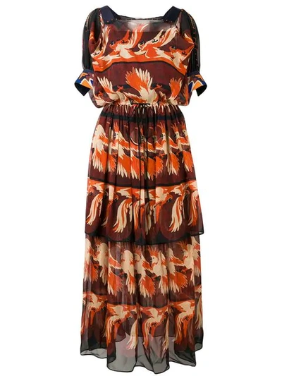 Fendi Parakeet Print Cold Shoulder Silk Dress In Multi