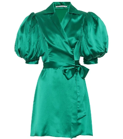 Alessandra Rich Puff-sleeve Silk-charmeuse Wrap Mini Dress In Green