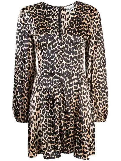 Ganni Blakely Silk Leopard Print Mini Dress - 棕色 In Multi