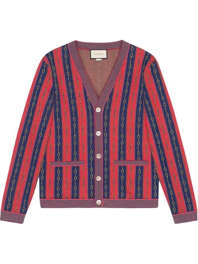 Gucci Horsebit Stripe Cotton Blend Cardigan In Red