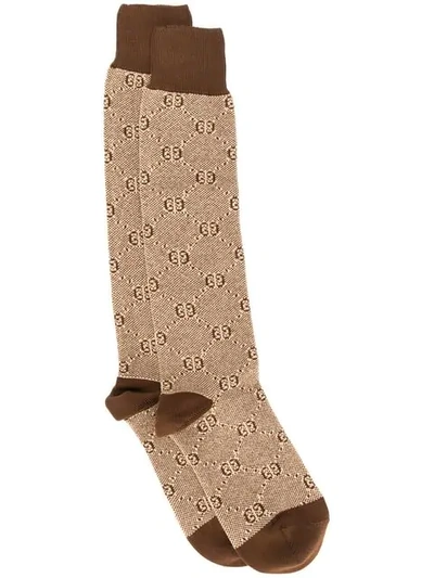 Gucci Supreme Print Socks In 2179 Marrone-beige