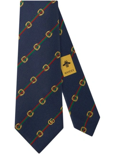 Gucci Stirrups And Web Silk Tie In Blue