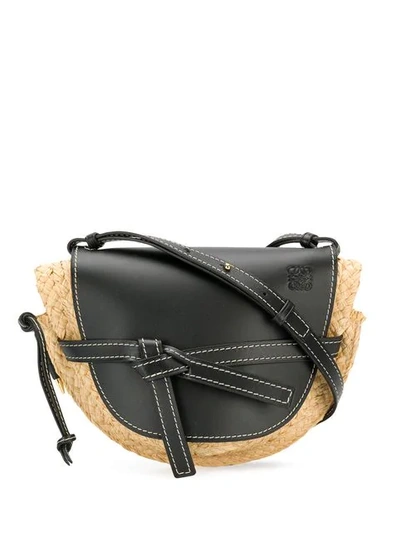 Loewe Black And Beige Gate Mini Leather And Raffia Shoulder Bag