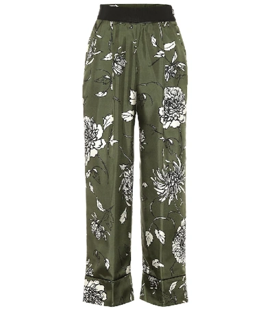 Moncler Floral Silk Wide-leg Trousers In Olive