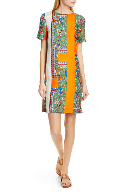 Tory Burch Mallory Short-sleeve Bird-print Silk Dress In Something Wild Stripe