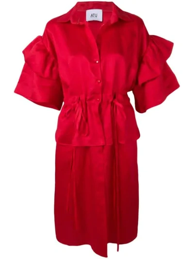 Atu Body Couture Puff-sleeve Midi Dress In Red