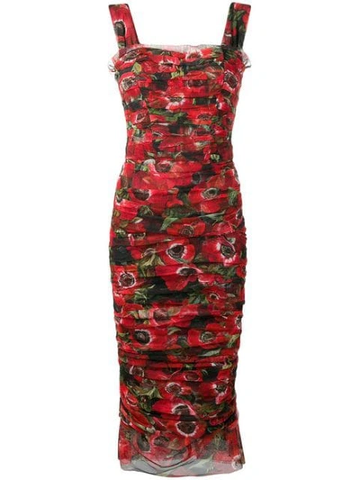 Dolce & Gabbana Sleeveless Anemoni Print Ruched-tulle Dress In Red