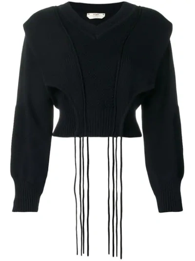 Fendi Tie-detailed Panelled Cotton Sweater In Black